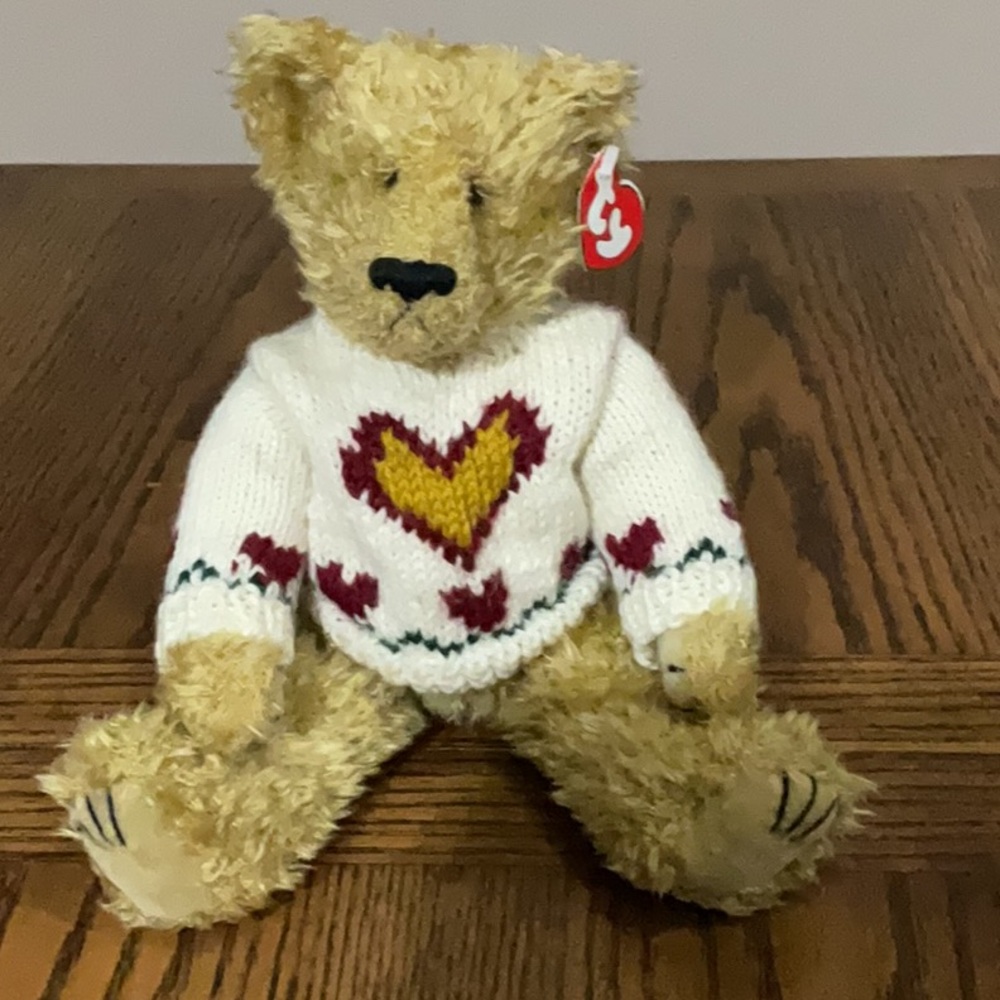 Ty Heartley stuffed bear dressed in cream sweater with red hearts ♥️